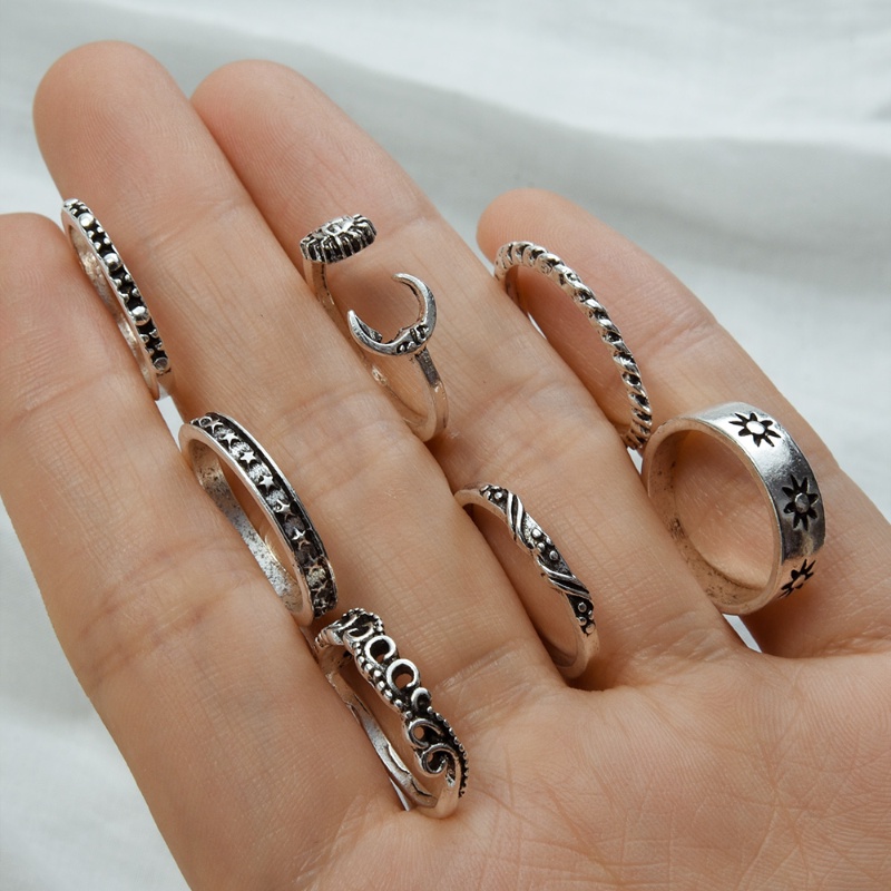 [Unggulan] Geometris Berlubang-out Wanita Set circlet Retro 16-piece ring Set Jari Cincin Kepribadian Retro Trend Hoop Set Knuckle Stacking Rings Untuk Wanita