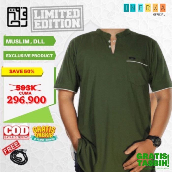Baju Kaos Koko Pria Kurta Cowok Muslim Hijau Size 2XL 3XL 4XL 5XL 6XL - 2XL