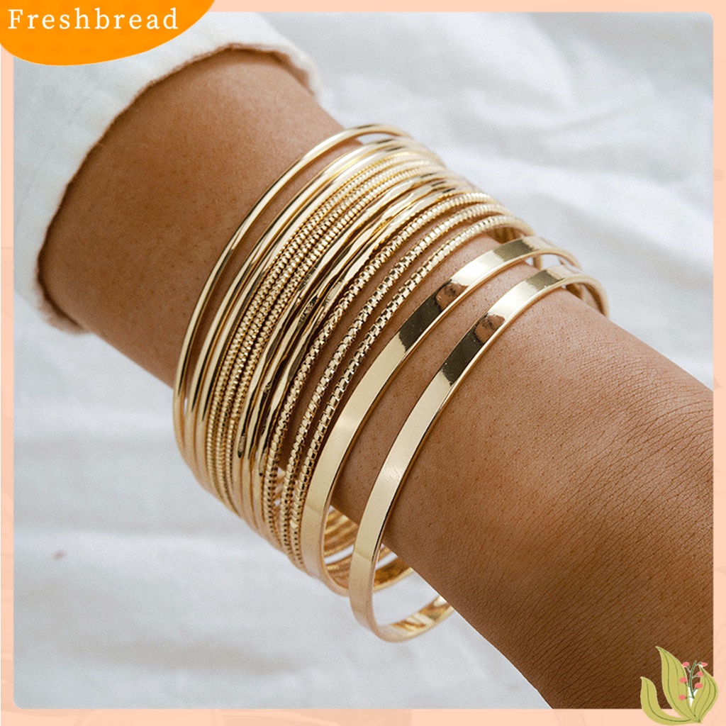 &lt; Freshbread &gt; 14Pcs/Set Wanita Gelang Punk Bohemian Berlebihan Halus Lebar Hias Warna Emas Ladies Cuff Bangles Pesona Perhiasan Pakaian Sehari-Hari