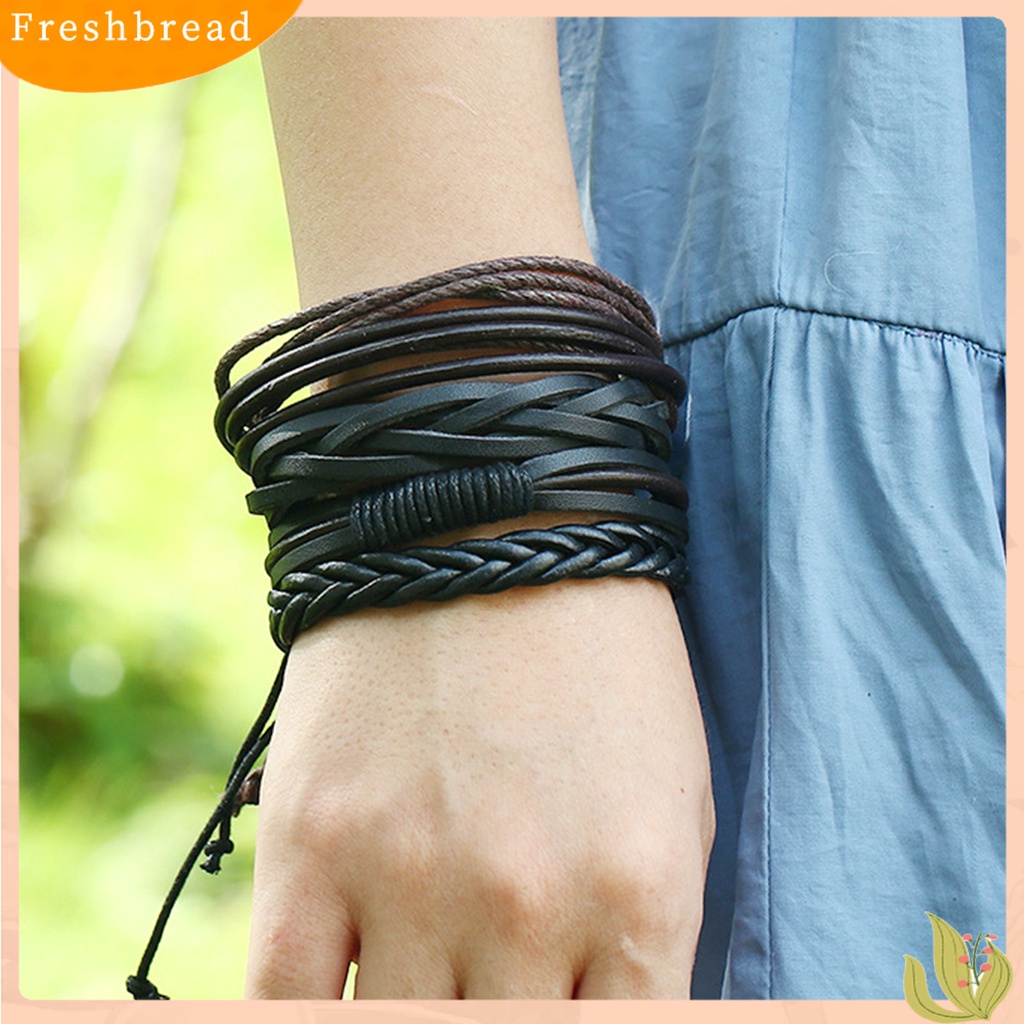 &lt; Freshbread &gt; 4Pcs/Set Multi-layer Kulit Imitasi Dikepang Gelang Tali Linen Adjustable Handmade Unisex Bracelets Perhiasan Aksesoris