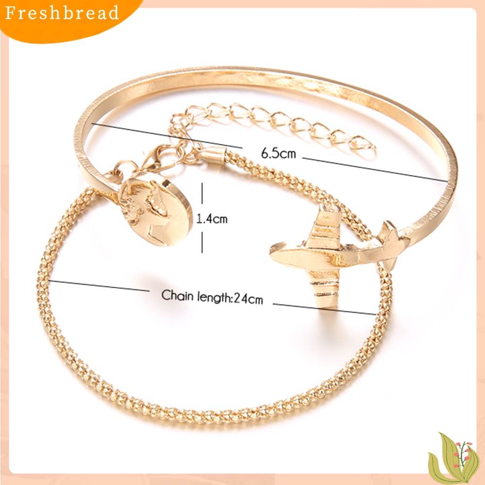 &lt; Freshbread &gt; 2Pcs/Set Wanita Map Plane Open Bangle Gelang Rantai Pergelangan Tangan Hias Perhiasan