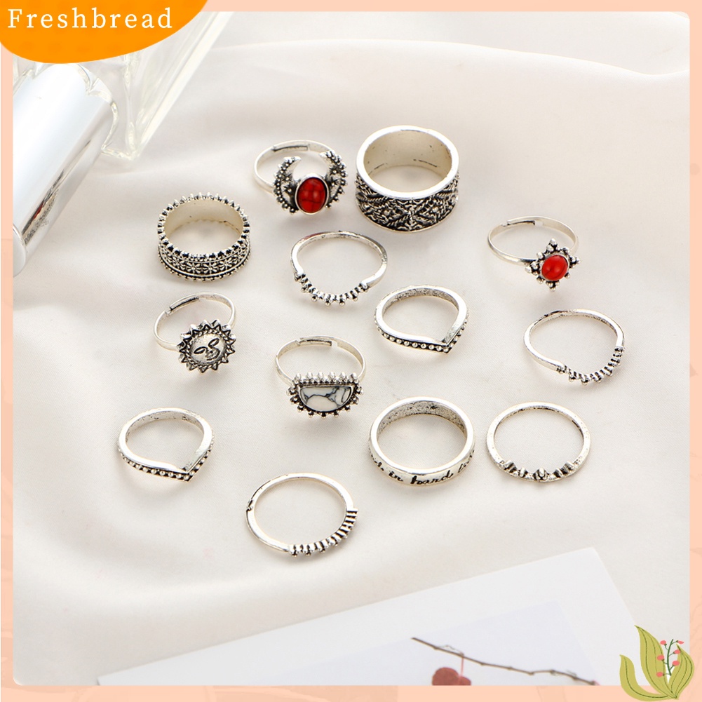 &lt; Freshbread &gt; 14 Pcs Wanita Punk Vintage Merah Turquoise Perhiasan Midi Knuckle Rings Set Hadiah