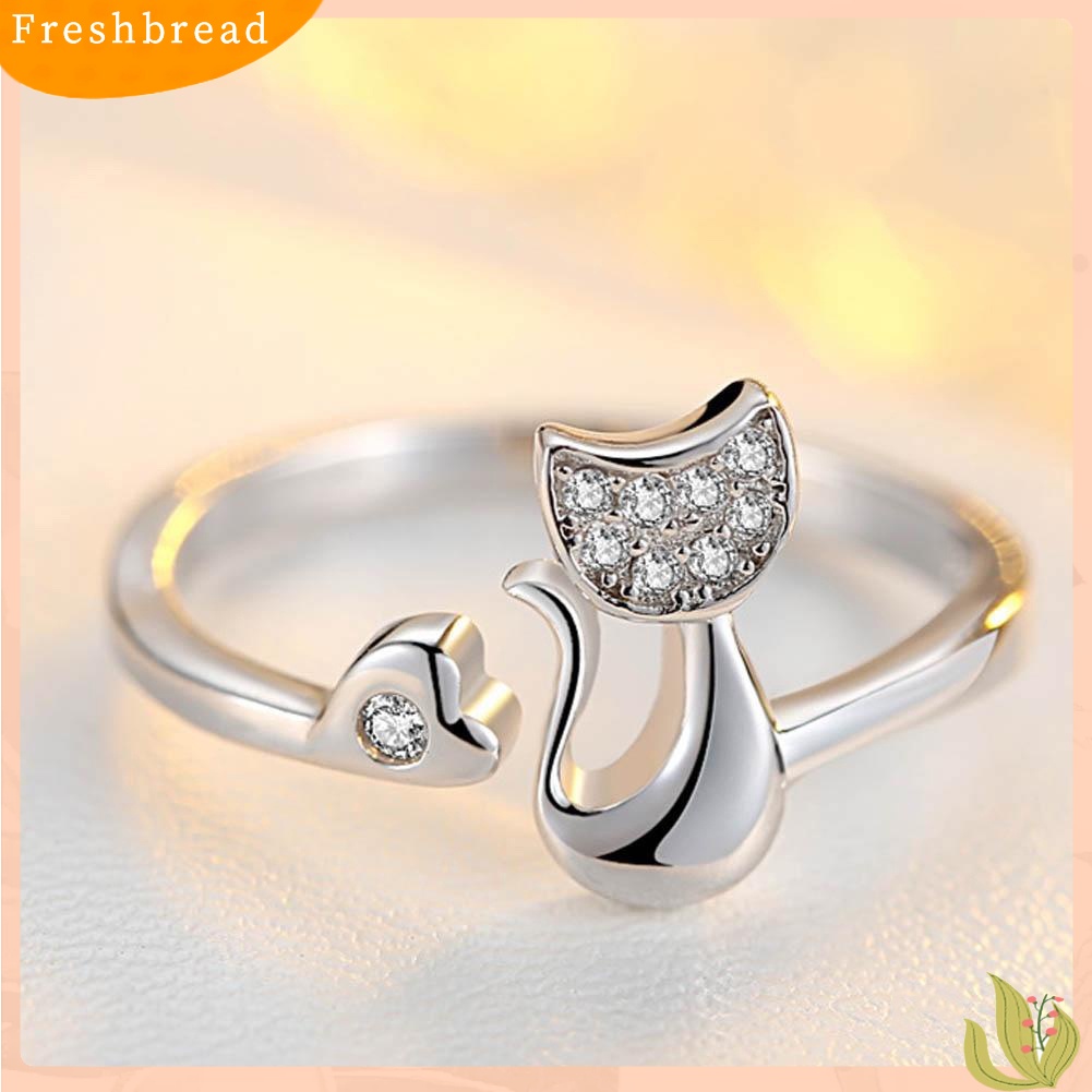 &lt; Freshbread &gt; 1Pc Cubic Zirconia Hewan Kucing Kecil Yang Lucu Hati Terbuka Cincin Fashion Perhiasan