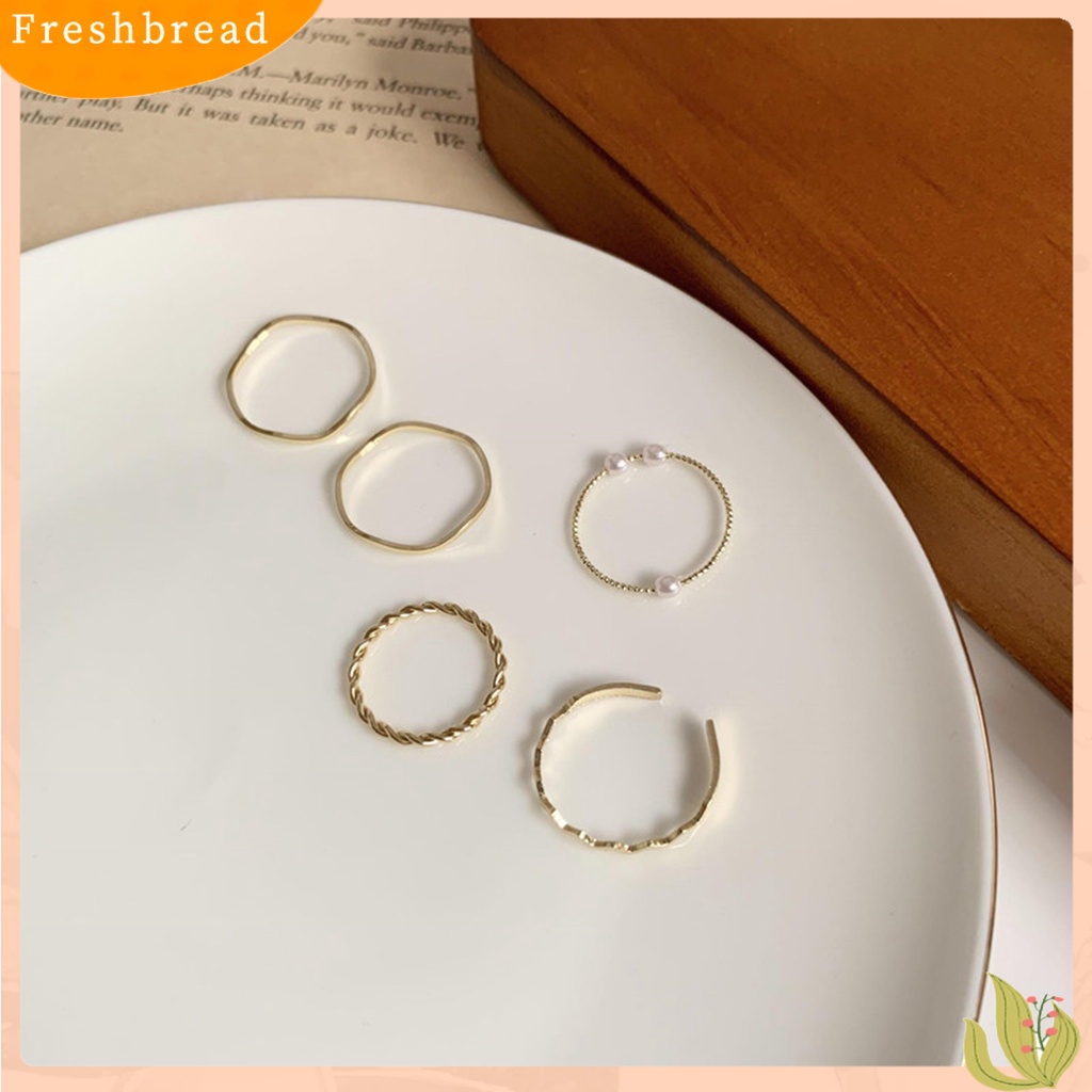 &lt; Freshbread &gt; 5Pcs Cincin Jari Bergelombang Gaya Jepang Korea Mutiara Imitasi Perhiasan Electroplating Stackable Rings Set Untuk Pesta Pernikahan Perjamuan Prom