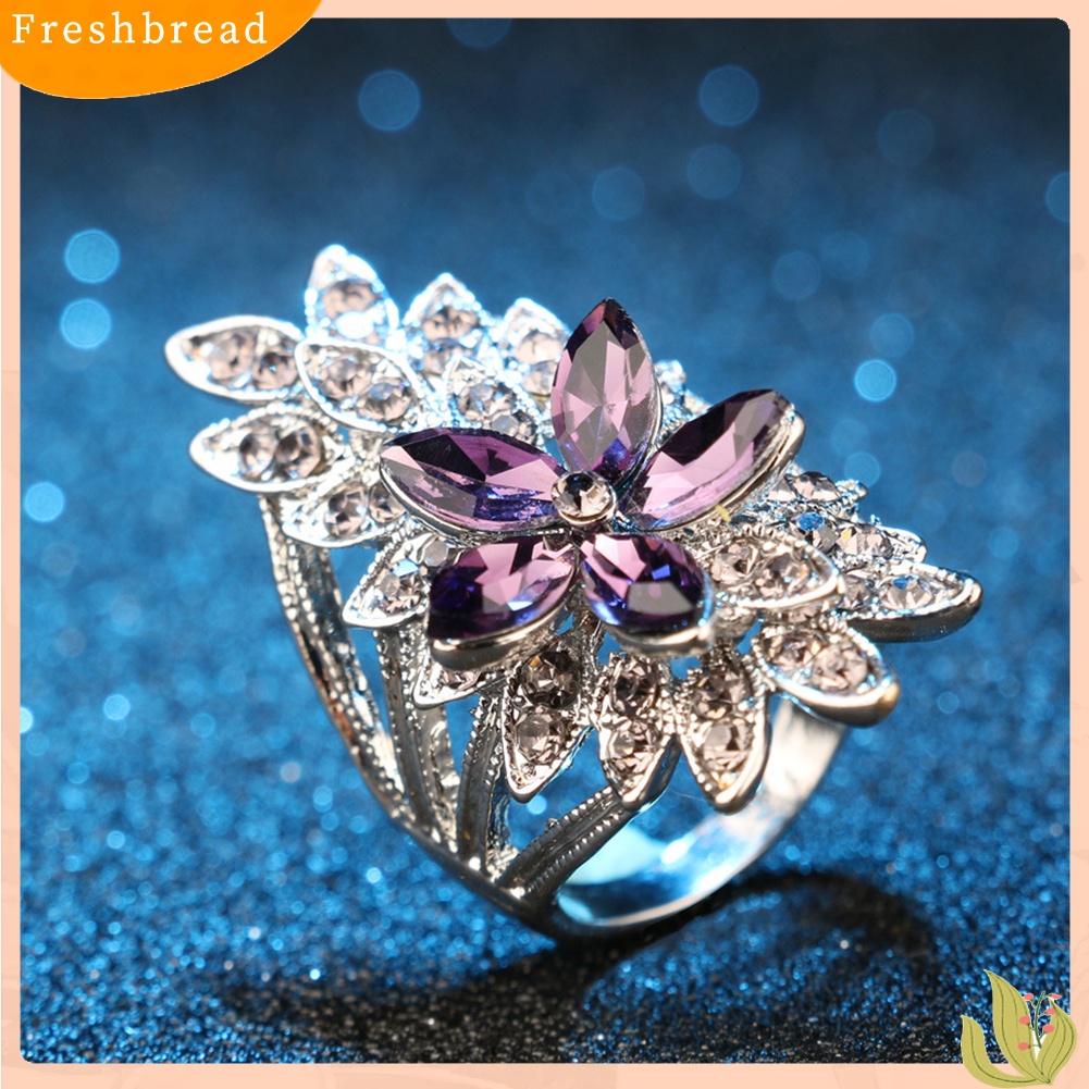 &lt; Freshbread &gt; Mempesona Berongga Bunga Cubic Zirconia Bertatahkan Jari Cincin Wanita Perhiasan Hadiah