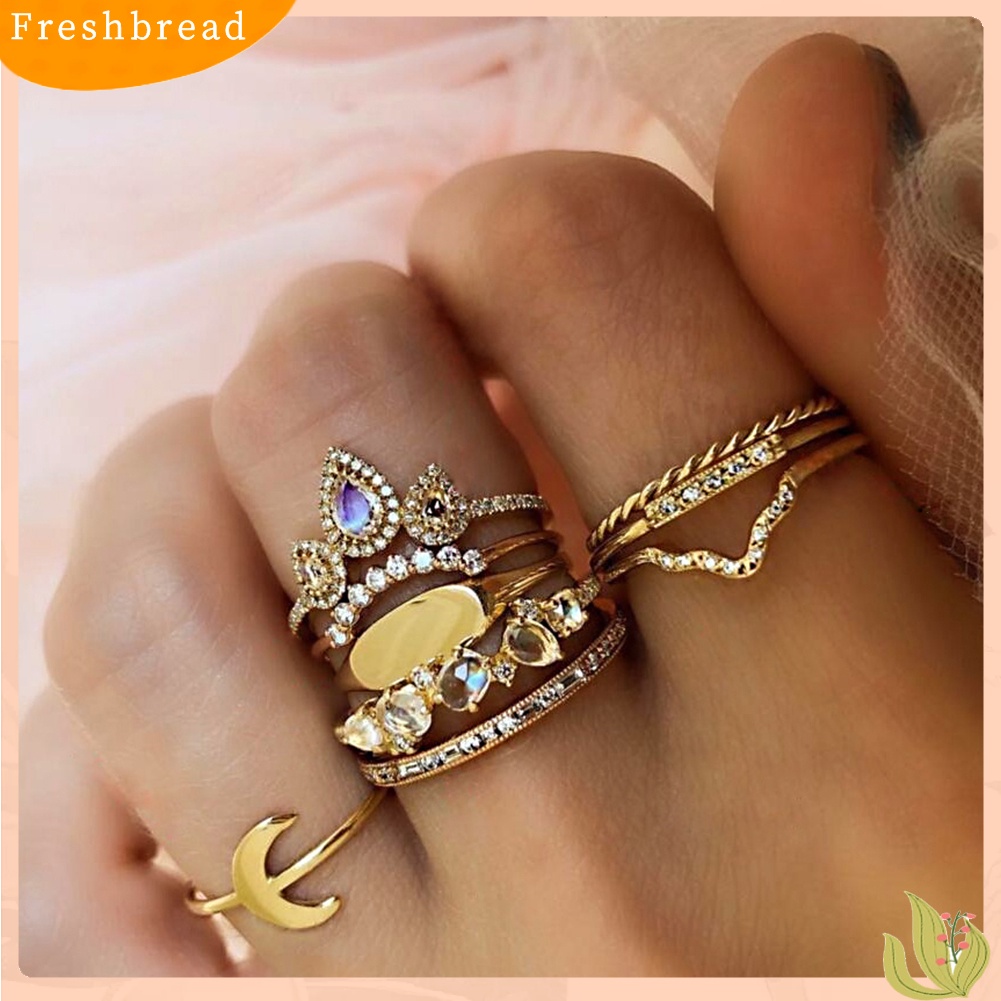 &lt; Freshbread &gt; 9Pcs/Set Bohemian Wanita Mahkota Bulan Berlian Imitasi Knuckle Midi Finger Ring Jewelry