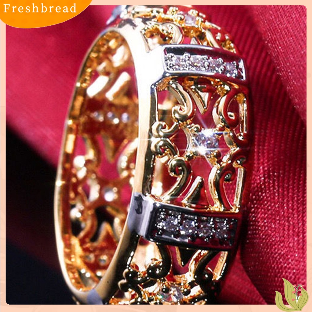 &lt; Freshbread &gt; Wanita Cincin Gaya Vintage Berongga Ukiran Dua Warna Kuno Bling Cubic Zirconia Ladies Finger Ring Fashion Jewelry