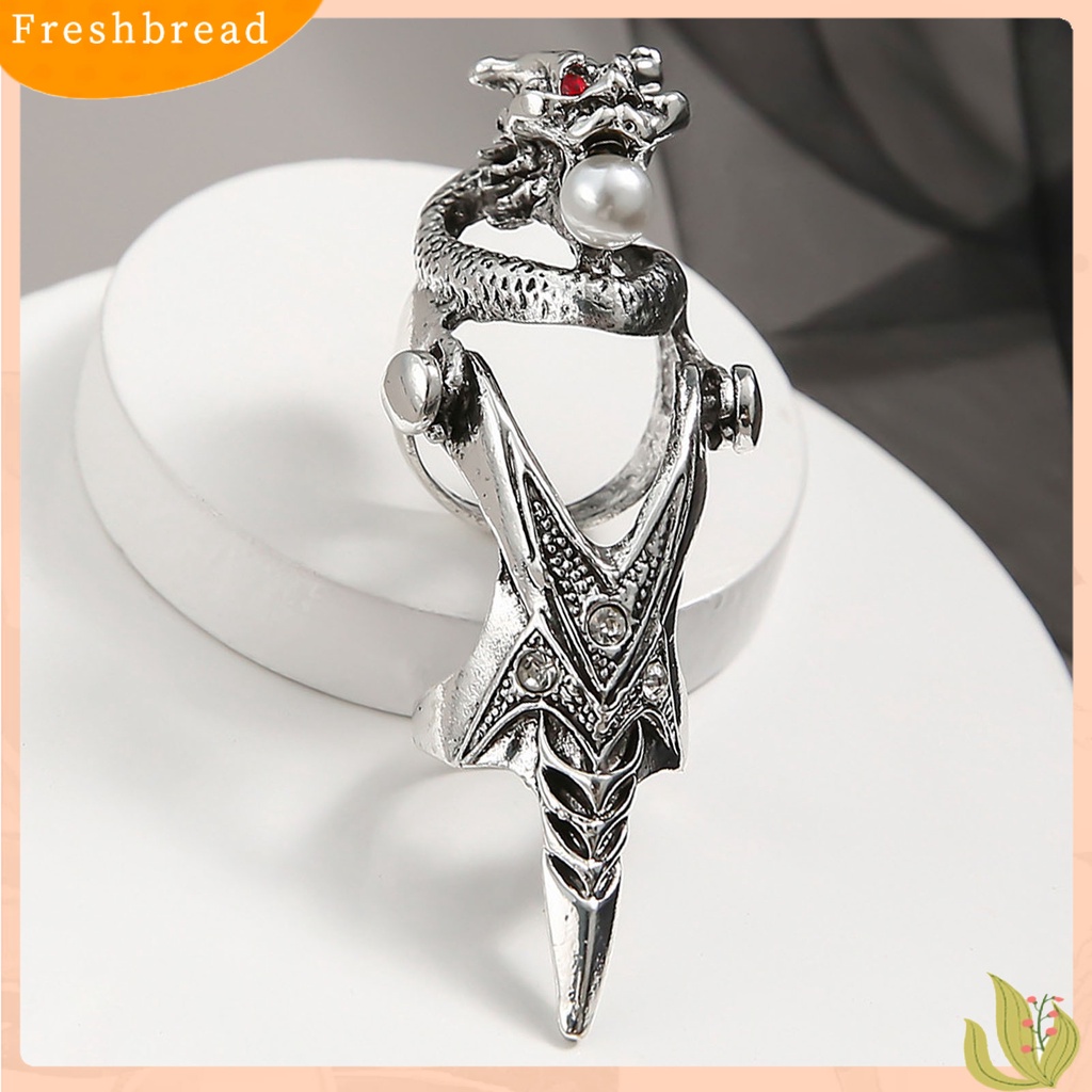 &lt; Freshbread &gt; Cincin Unisex Ujung Jari Panjang Gaya Batu Mutiara Imitasi Bentuk Naga Claw Ring Aksesoris Cosplay