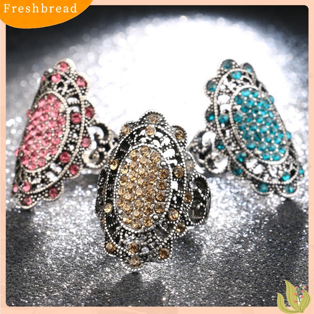 &lt; Freshbread &gt; Perhiasan Pesta Wanita Vintage Bentuk Oval Berongga Berlian Imitasi Jari Cincin Hadiah