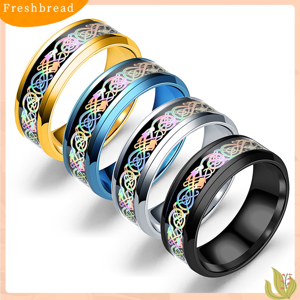 &lt; Freshbread &gt; Unisex Cincin Lebar Permukaan Halus Stainless Steel Warna-Warni Pola Mempesona Jari Cincin Perhiasan Fashion