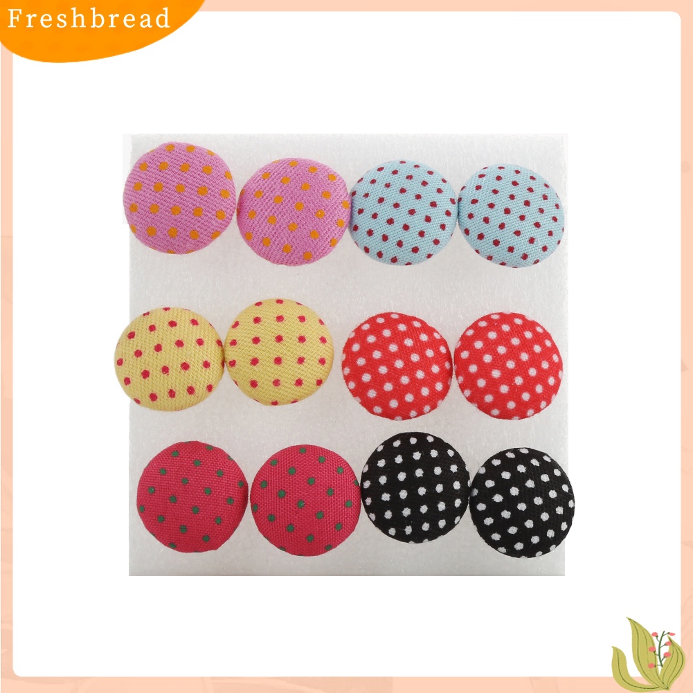 &lt; Freshbread &gt; 6pasang Kancing Kain Warna-Warni Vintage Pin Plastik Ear Studs Earrings Jewelry