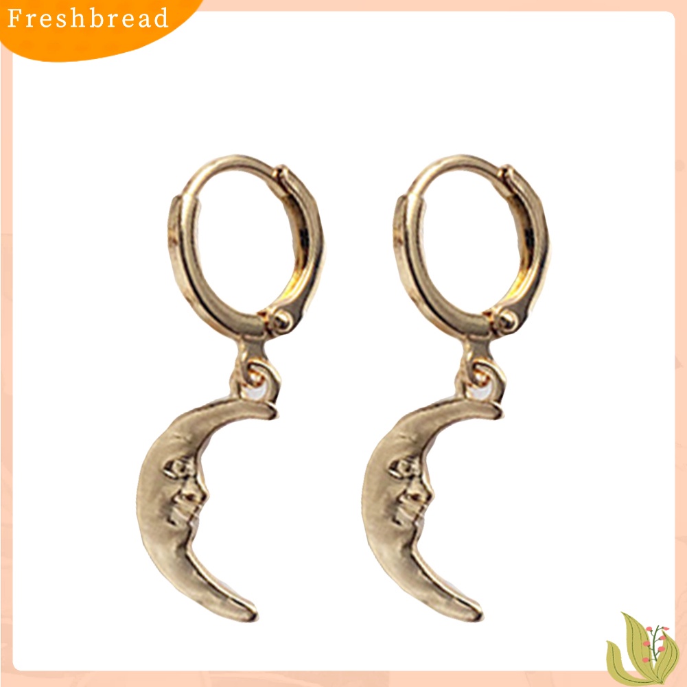 &lt; Freshbread &gt; Vintage Wanita Bulan Sabit Kunci Bulat Menjuntai Drop Huggie Earrings Perhiasan Hadiah