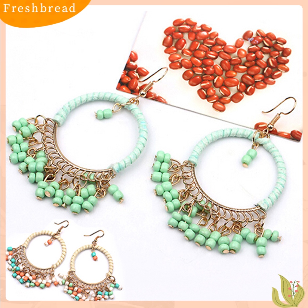 &lt; Freshbread &gt; 1pasang Anting Gaya Boho Manik-Manik Rumbai Desain Alloy Anting Kait Menjuntai Untuk Pakaian Sehari-Hari