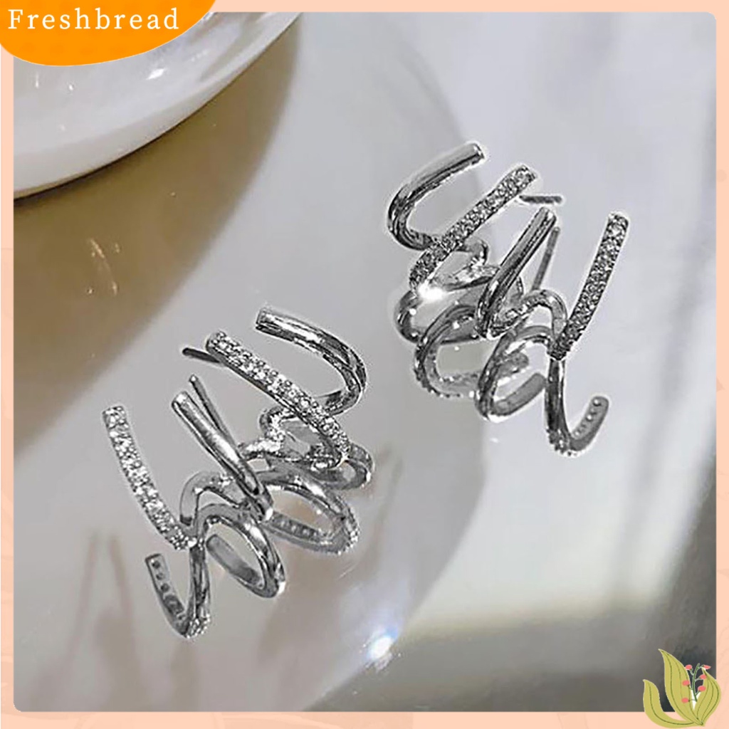 &lt; Freshbread &gt; 1pasang Berlian Imitasi Bersinar Ear Studs Pengerjaan Halus Kreatif Berbentuk U Empat Baris Wanita Anting Perhiasan Aksesoris