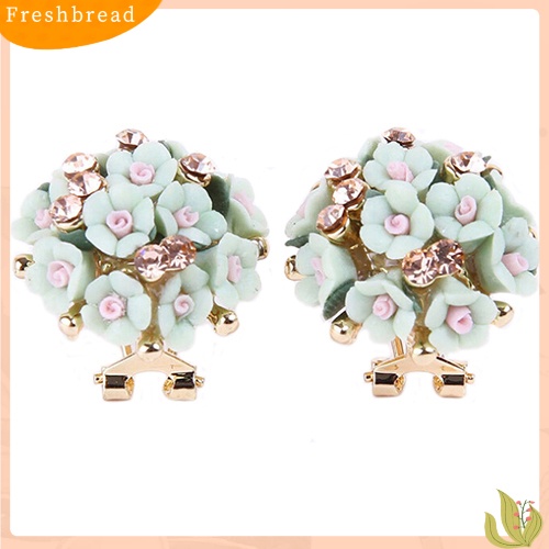 &lt; Freshbread &gt; Wanita Gadis Pengantin Pernikahan Perhiasan Bunga Mempesona Berlian Imitasi Klip Stud Earrings