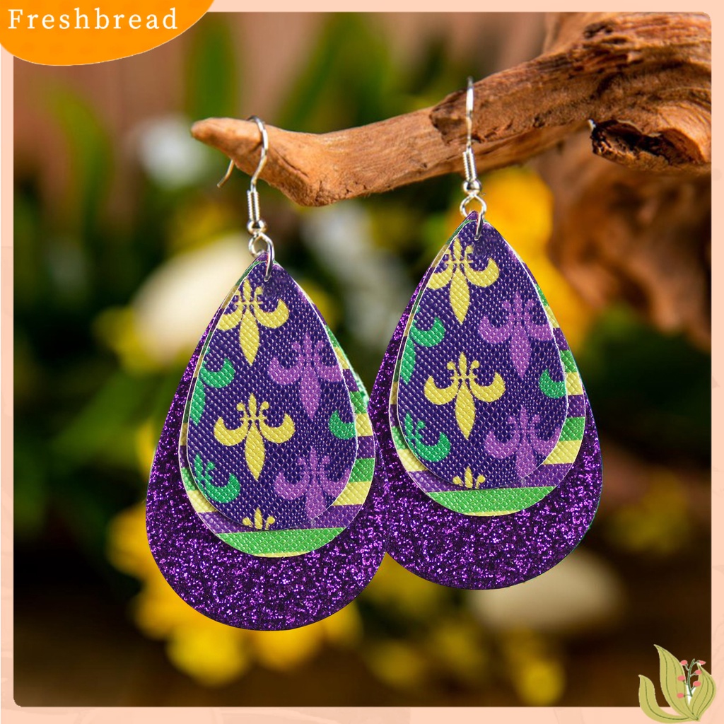 &lt; Freshbread &gt; 1pasang Anting Kait Warna-Warni Glitter Teardrop Berbentuk Daun 3lapisan Kulit Imitasi Menjuntai Anting Perlengkapan Karnaval