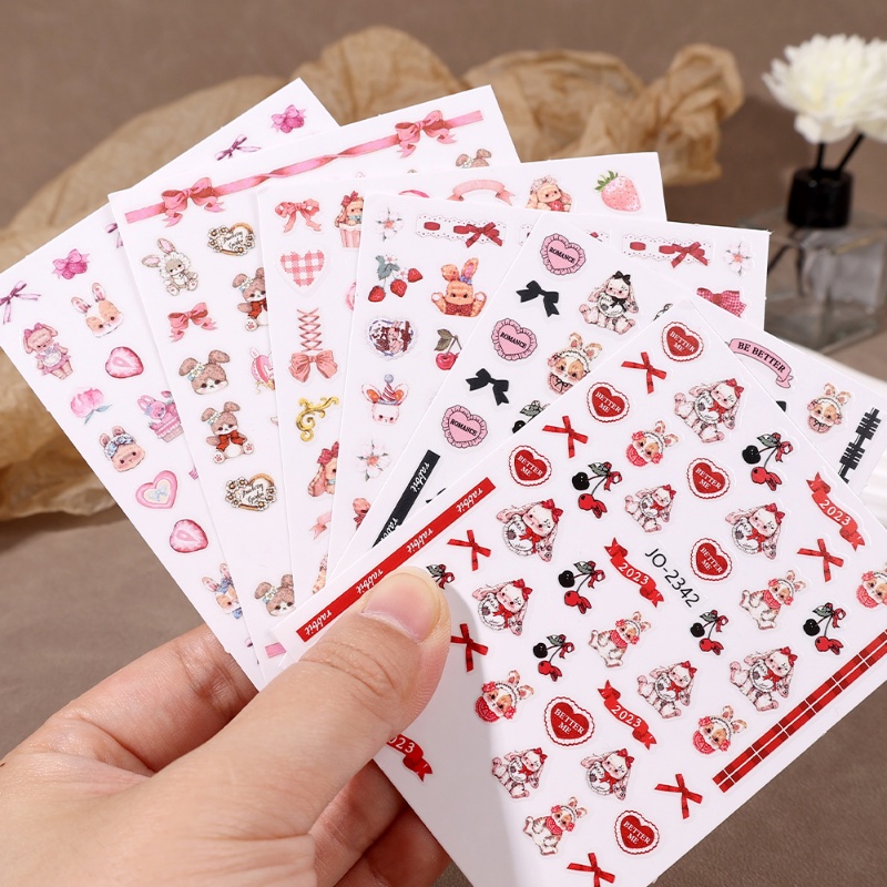 Lolita Lucu 3D Pola Kelinci Kuku Decals Kartun Ikatan Simpul Bunny DIY Nail Art Stiker Perekat Diri Manicure Dekorasi Accesoires