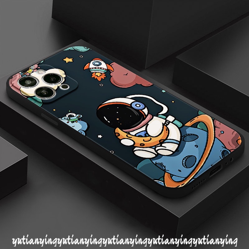 IPHONE Lembut Tpu Tepi Lurus Trendi Merek NASA Case Kompatibel Untuk Iphone11 12 14 13 Pro Max8 6S 6 7 Plus X XS XR Max SE 2020 Kartun Lucu Astronot Ponsel Cover