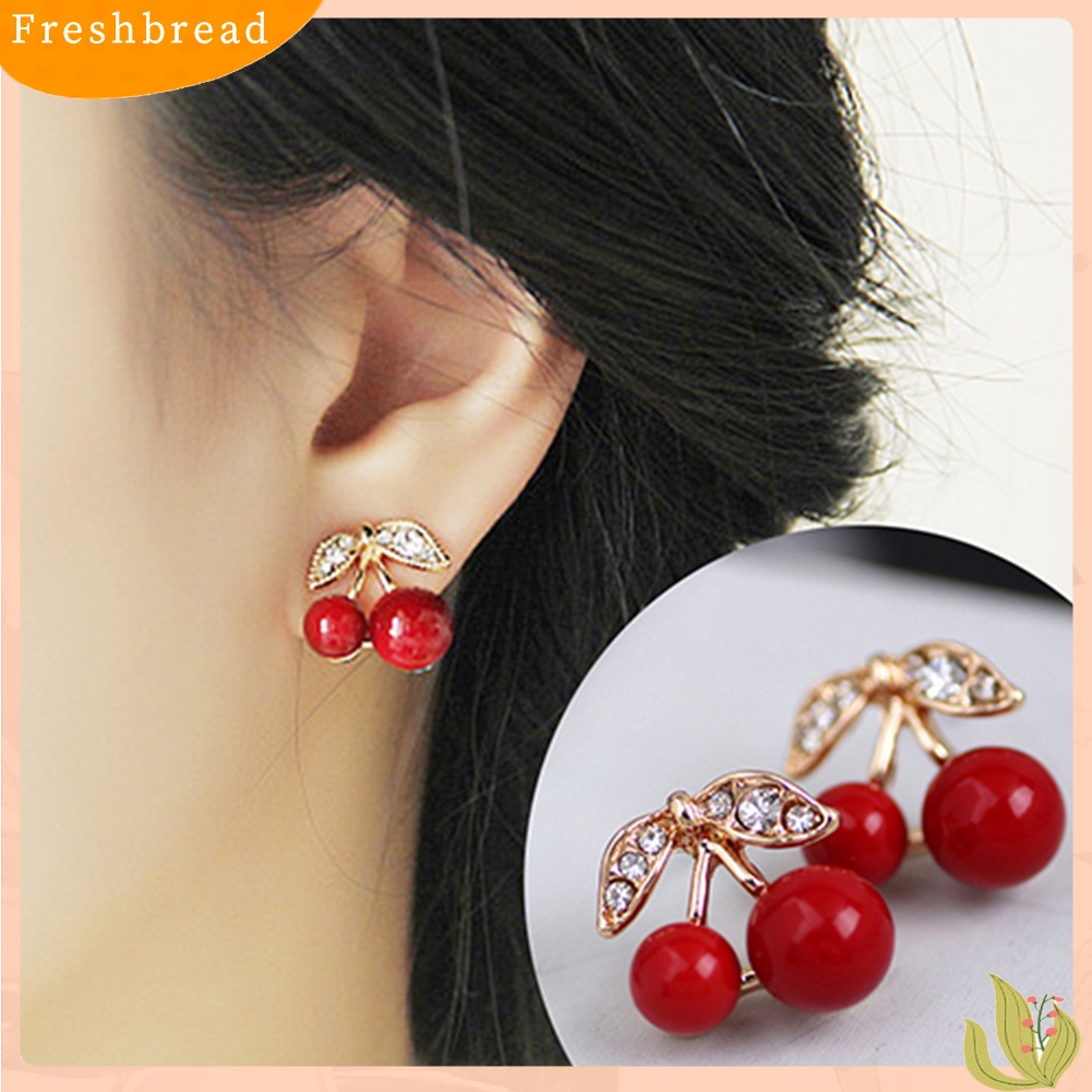 {In Stock} Wanita Merah Cherry Bening Berlian Imitasi Telinga Studs Beads Golden Alloy Leaves Earrings