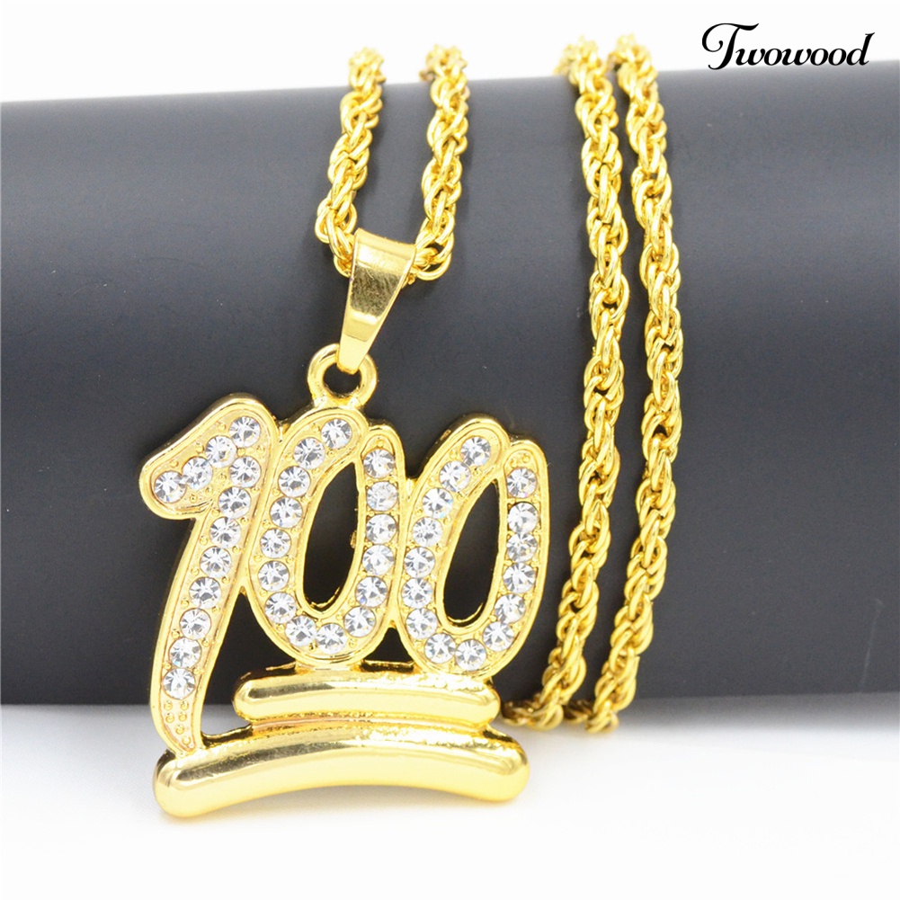 Twowood Pria Hip Hop Twist Rantai Berlian Imitasi Nomor100 Liontin Kalung Street Jewelry