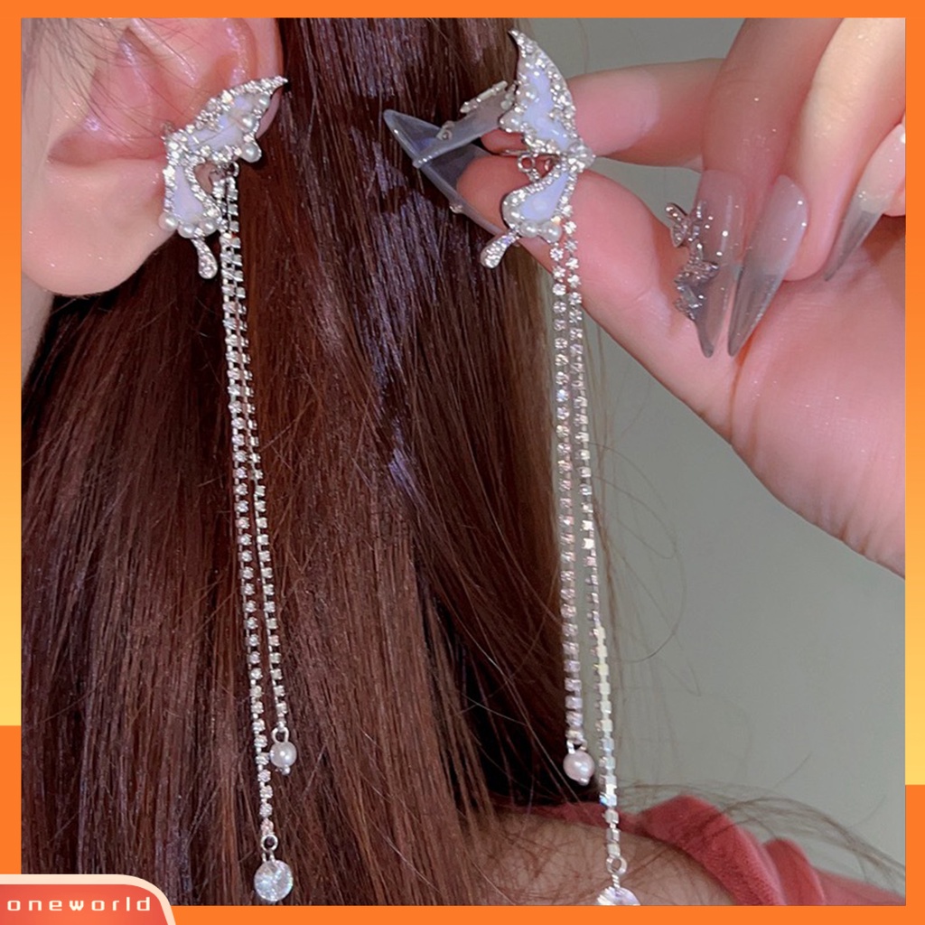 [OWR] 1pasang Manset Telinga Non-Piercing Rumbai Panjang Mutiara Imitasi Peri Elegan Berlian Imitasi Kupu-Kupu Tulang Rawan Klip Anting Perhiasan Fashion