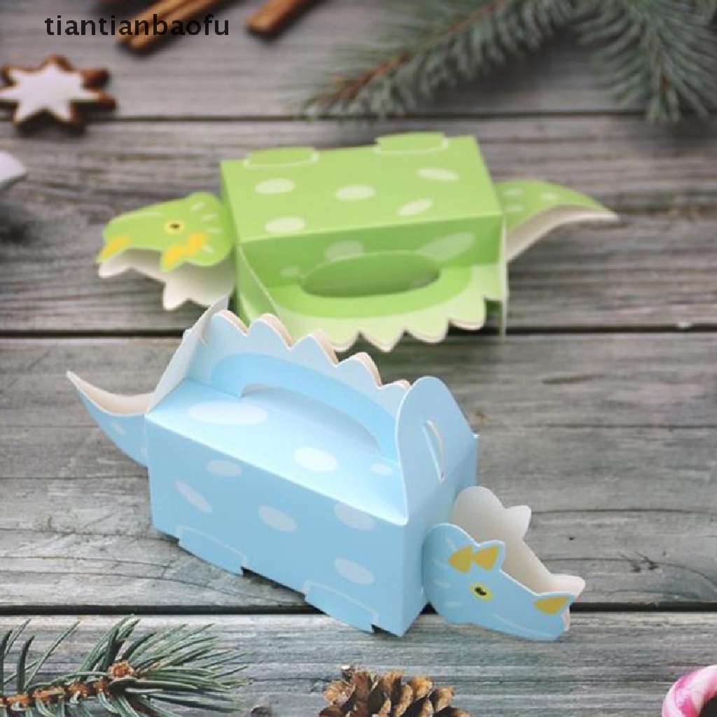 [tiantianbaofu] 10 Pcs Pesta Dinosaurus Biru Hijau Kotak Kue Kering Baby Shower Candy Box Hadiah Packing Butik