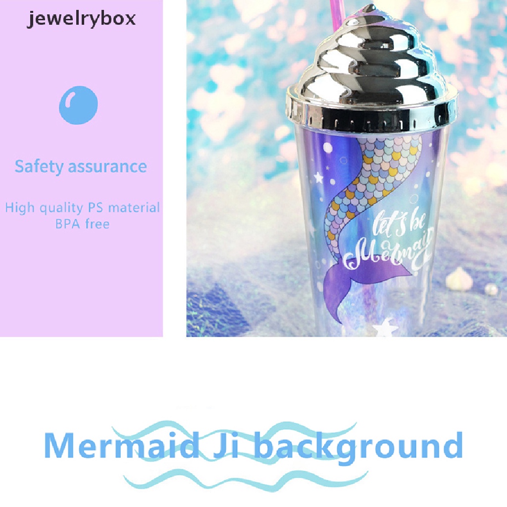 [jewelrybox] 420ml Cangkir Air Dengan Sedotan Double Wall Insulasi Panas BPA Free Anti Bocor Perlengkapan Minum Plastik Motif Mermaid Sippy Cup Butik