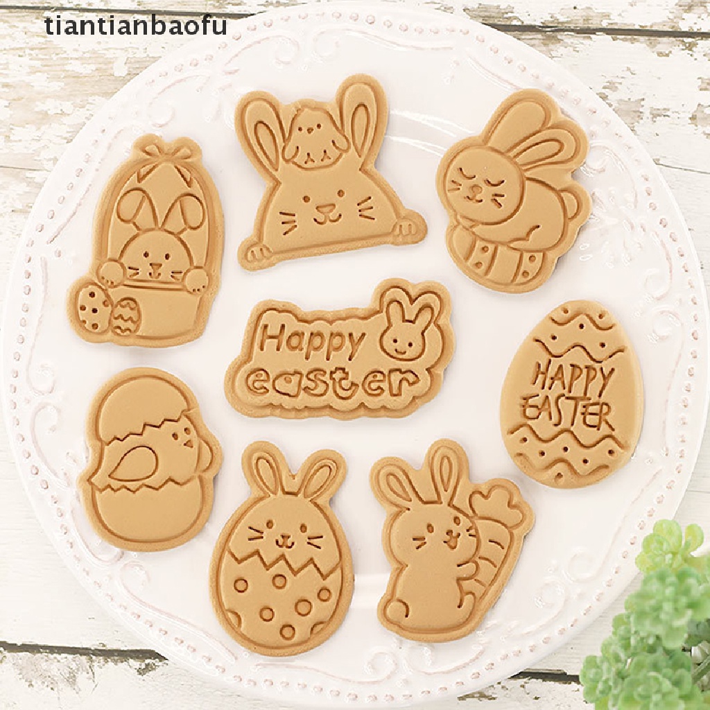 [tiantianbaofu] 8pcs/set Paskah Cookie Cutter Kelinci Pemotong Telur DIY 3D Cetakan Kue Plastik Butik