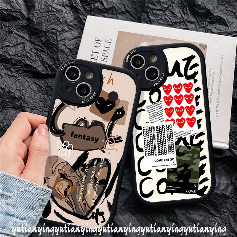 Ins Graffiti Cinta Hati Tpu Soft Back Case Kompatibel Untuk IPhone 7plus 11 12 13 14 Pro Max XR 6s 7 6 8 plus XS X Max SE 2020 Trendi Merek Comme Des Garcons Cover