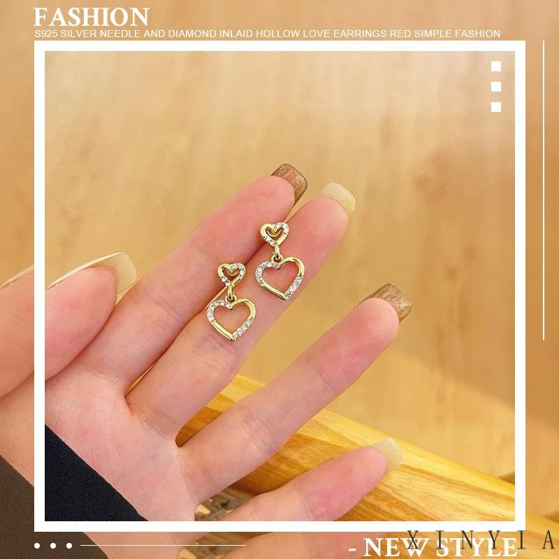 【Bayar di tempat】Fashion Anting S925 Silver Bentuk Hati Ganda Aksen Kristal Warna Emas Gaya Vintage Korea Untuk Wanita