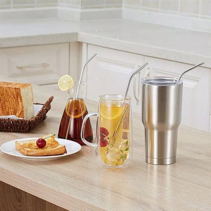 Sedotan Stainless Steel Set 3in1 3 in 1 Lurus Bengkok Sikat Anti Karat
