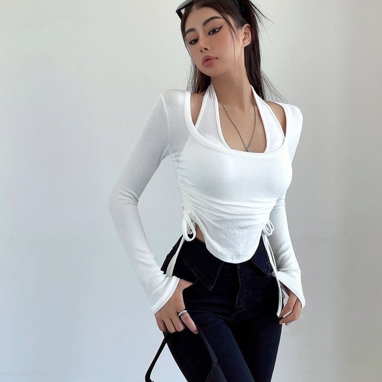 Red LRUPPG Hati-hati Mesin Keinginan Murni Gadis Panas Menggantung Leher Lengan Panjang T-shirt Wanita Slim Pendek Kemeja Dua Potong top