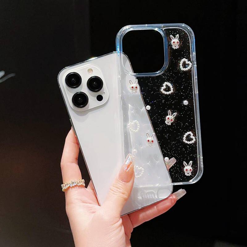 Glitter 3D Mutiara Cinta Transparan Casing Ponsel Untuk iPhone 14 13 12 11 Pro MAX Plus Mini Kartun Kelinci Epoxy Pelindung Soft Cover Untuk iPhone X XS MAX XR 7 8 Plus SE 2022 2020