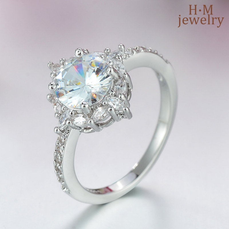 Cincin Wanita Bulat Super Flash Diamond Ring Klasik Elegan Perhiasan Cincin Berlian