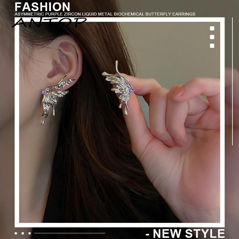[antop] Anting Kupu-Kupu Biokimia Logam Cair Anting Rasa Desain Zirkon Ungu Asimetris