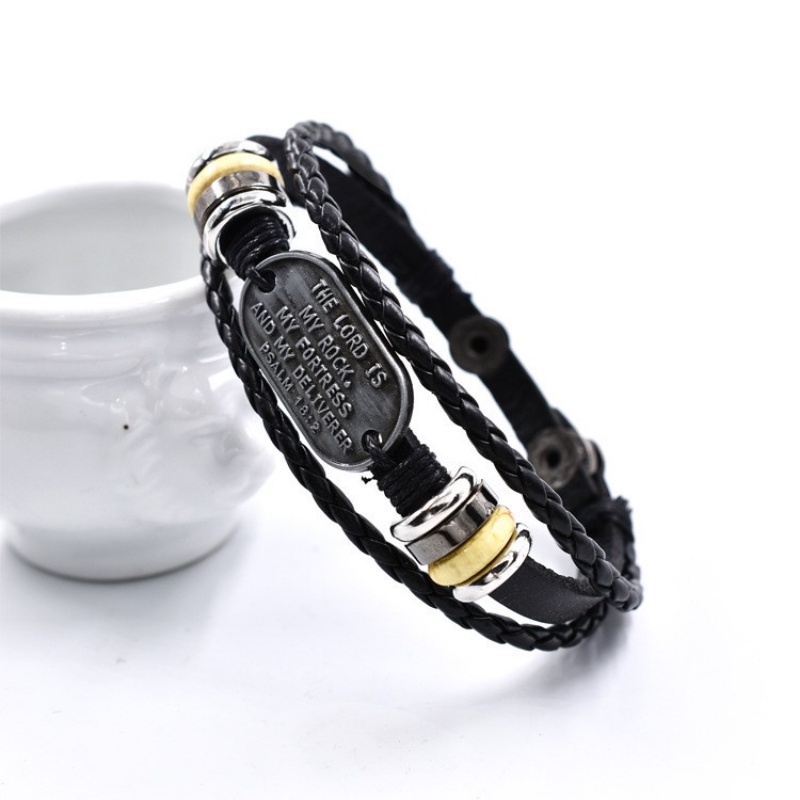 [X C Gelang] Baru Doa Allah Gelang Hitam Kulit Vintage Hip Hop Punk Gelang Kulit Lengan Manik-Manik Multilayer Zinc Alloy Anyaman Gelang