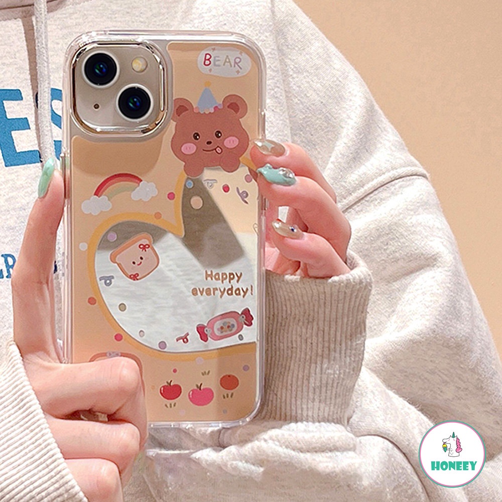 IPHONE Lucu Korea Mewah Cinta Hati Beruang Pelangi Makeup Mirror Phone Case Untuk Iphone11 12 13 14 Pro Max Shockproof Back Cover