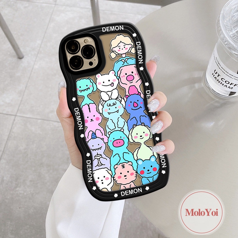 IPHONE Kartun Hewan Lucu Monster Kecil Case Kompatibel Untuk Iphone11 13 12 14 Pro Max 7Plus XR X XS Max 6s 6 7 8 Plus 14Plus SE 2020 Wavy Edge Tpu Soft Phone Cover