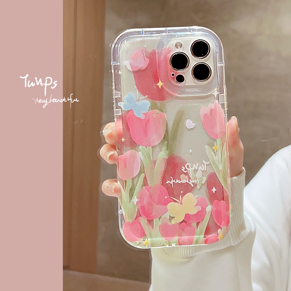 IPHONE Ins Pink Tulips Case Silikon Untuk Iphone14 11 12 13 PRO MAX Casing Cover Pelindung AT0143