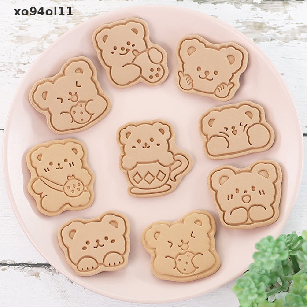 Xo 8PCS Pemotong Kue Kering Bentuk Beruang Plastik 3D Cookie Stamp Biskuit Pressable Mold OL