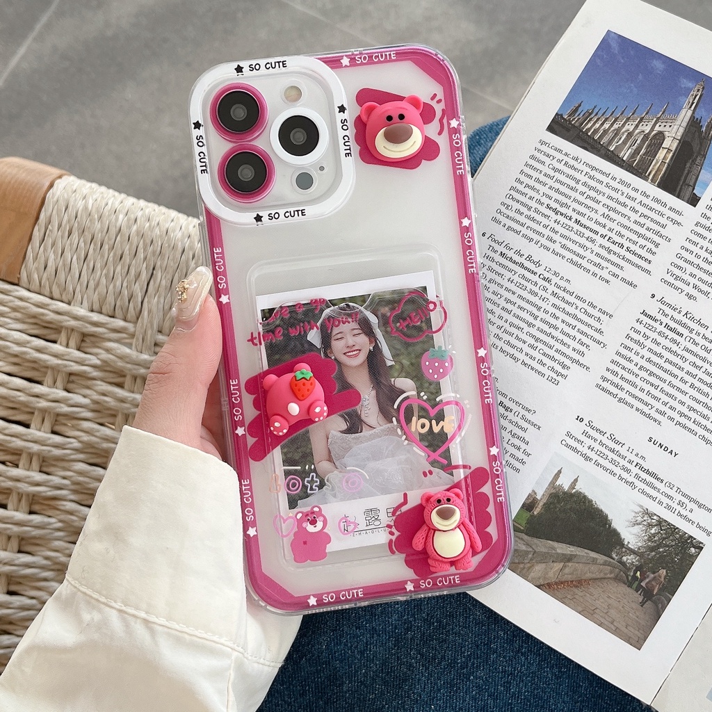 IPHONE Casing Kartun Strawberry Bear Cocok Untuk Iphone14 13 12 11 Pro X XS Max7 8 14 Plus XR Casing Kartu Transparan Soft Cover