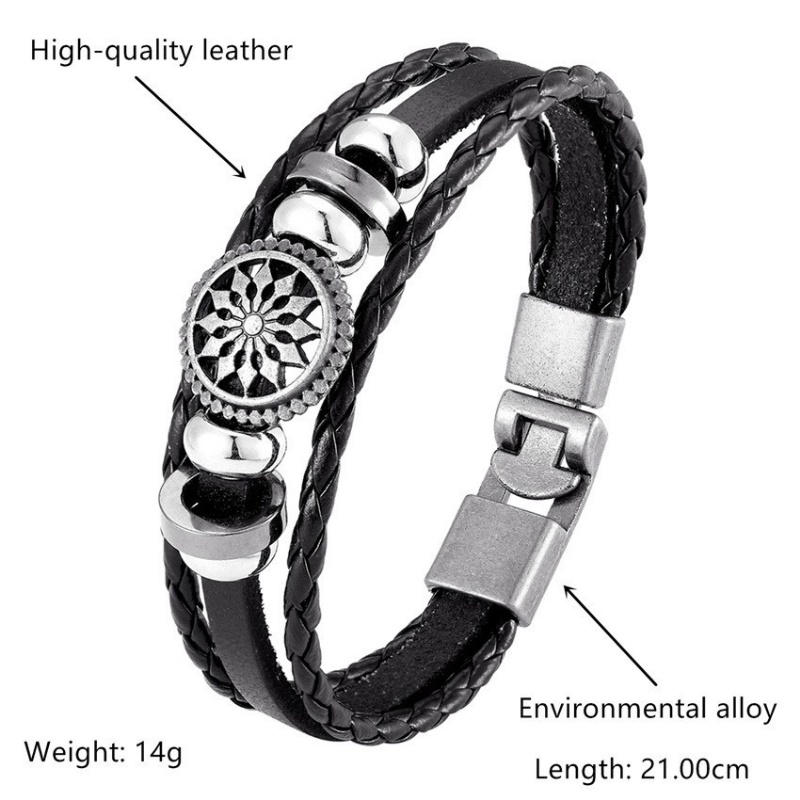 [X C Gelang] Baru Bunga Matahari Gelang Hitam Kulit Vintage Hip Hop Punk Gelang Kulit Lengan Manik-Manik Multi Layer Zinc Alloy Anyaman Gelang