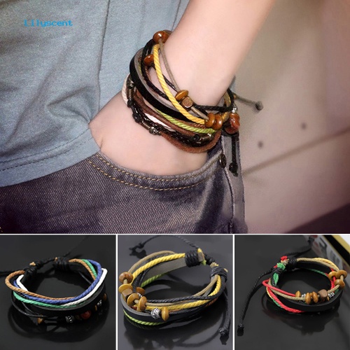 Lilyscent 1Pc Unisex Chic Multi-layer Manik-Manik Rantai Tali Kulit Imitasi Charms Gelang