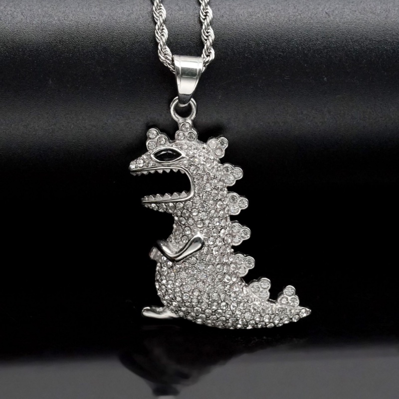 [X C Kalung] Baru Hip Hop Godzilla Dinosaurus Liontin Micro Set Zirkon Kalung Pria Pribadi Punk Stainless Steel Liontin Kalung Hadiah Liburan Perhiasan