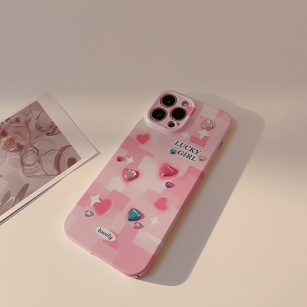 IPHONE Ins Y2K Pink Ponsel Hard Case Film Cover Dengan DIY Cinta Hati Berlian Imitasi Stiker Untuk Iphone7 8 PLUS X XR XS 11 12 13 14 PRO MAX SE 2020