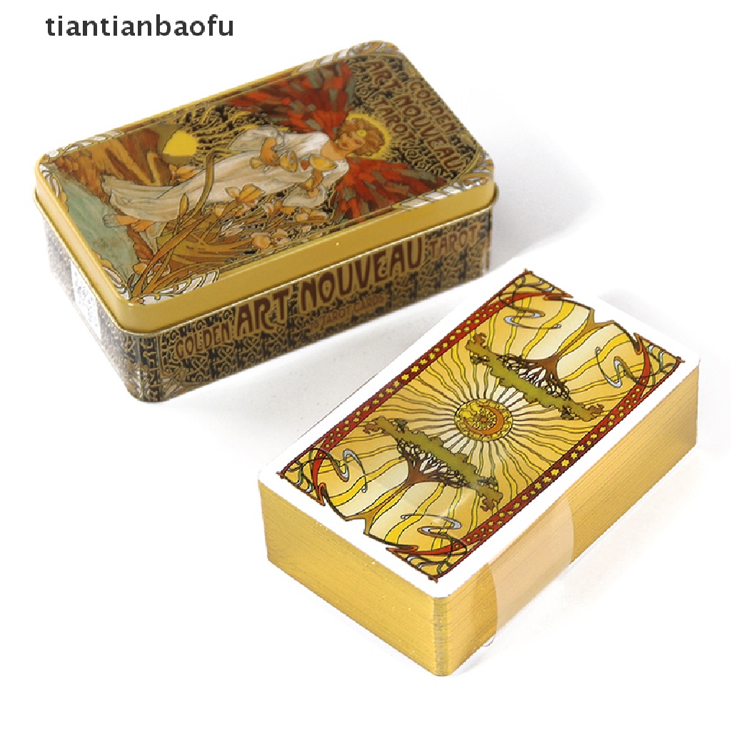 [tiantianbaofu] Tin Box Golden Art Tarot Card Ramuan Ramalan Deck Party Board Game w/Butik Manual