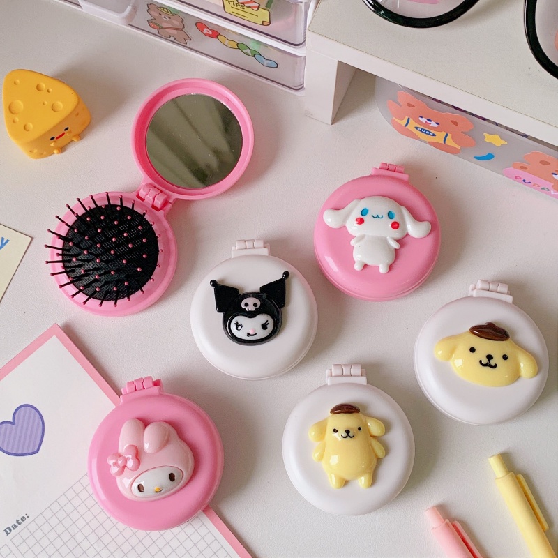 Sanrio Airbag Sisir Dengan Cermin Portable Lipat Sisir Rambut Kartun Lucu Mymelody Cinnamorol Kuromi Hair Comb Traveling Alat Makeup