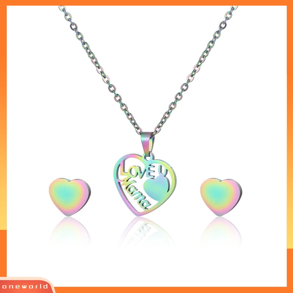 [ONE] 2 Pcs/Set Wanita Kalung Berongga Cinta U Mama Hadiah Hari Ibu Warna Pelangi Cinta Kecil Hati Telinga Studs Earrings Kit Fashion Perhiasan