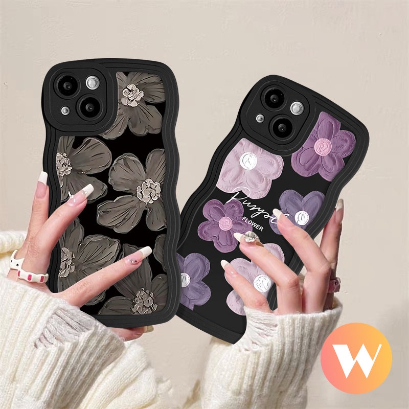 IPHONE Casing Tpu Tepi Bergelombang Bunga Segar Kompatibel Untuk Iphone11 Pro Max XR X XS Max 7Plus 14 12 13 Pro Max7 6s 14 8 6 Plus SE 2020 Art Fashion Cat Minyak Hitam Ungu Floral Soft Cover