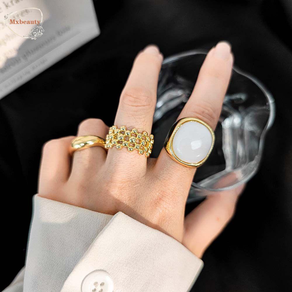 Mxbeauty Cincin Jari Set Perempuan Chic Vintage Permata Putih Bersama Rings Warna Emas Geometris Manik-Manik Logam Terbuka Rings